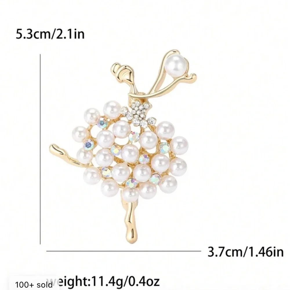Delicate White Crystal Floral Ballet Dancer Brooch - Gold Tone